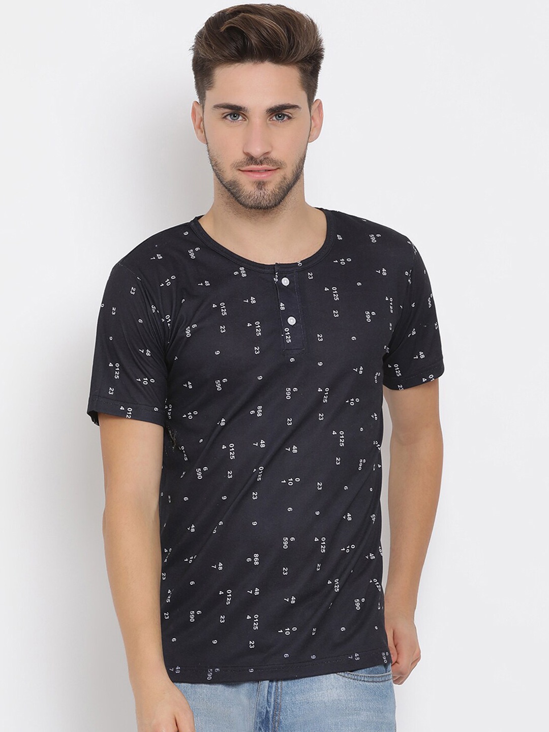 

hangup trend Men Black Printed Henley Neck Pure Cotton T-shirt
