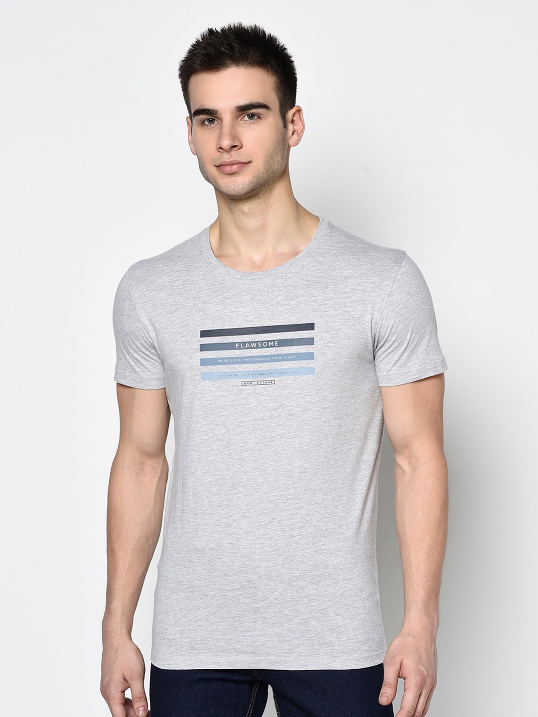 Octave Men Grey Melange & Blue Printed Detail Round Neck T-shirt