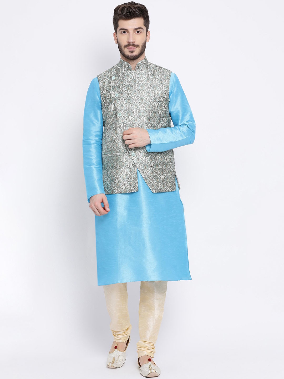 

NAMASKAR Men Blue & Cream-Coloured Solid Kurta with Churidar & Nehru Jacket
