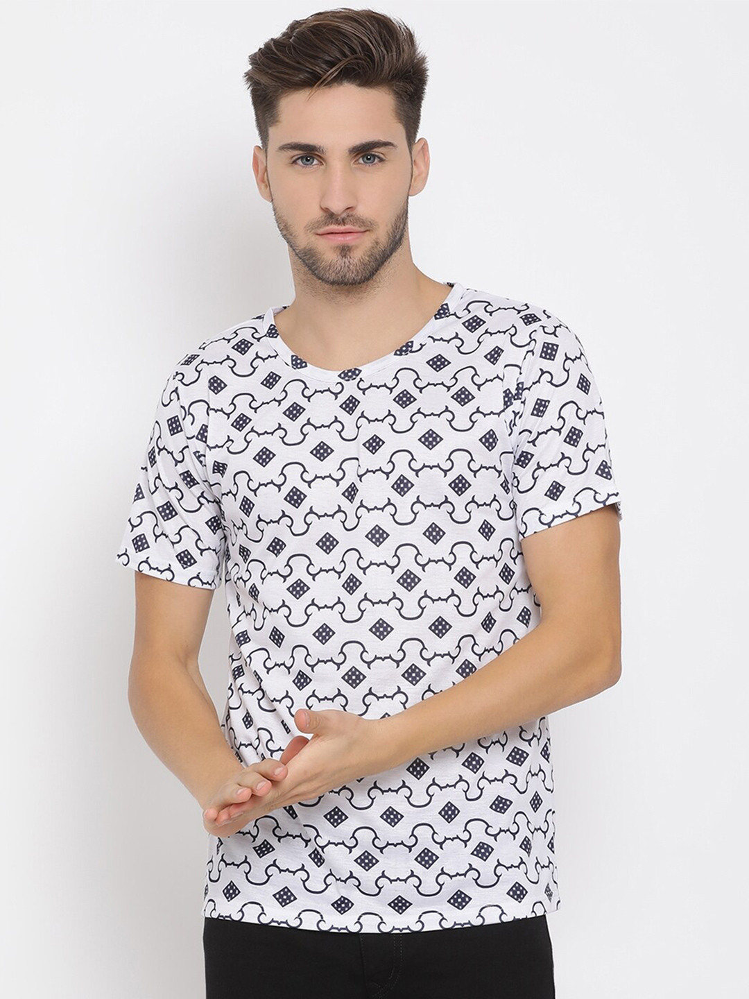 hangup trend Men White Navy Blue Printed Round Neck Pure Cotton T-shirt