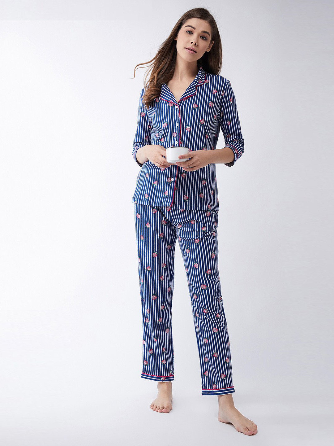

Miss Chase Women Navy Blue & White Striped Pure Cotton Night Suit