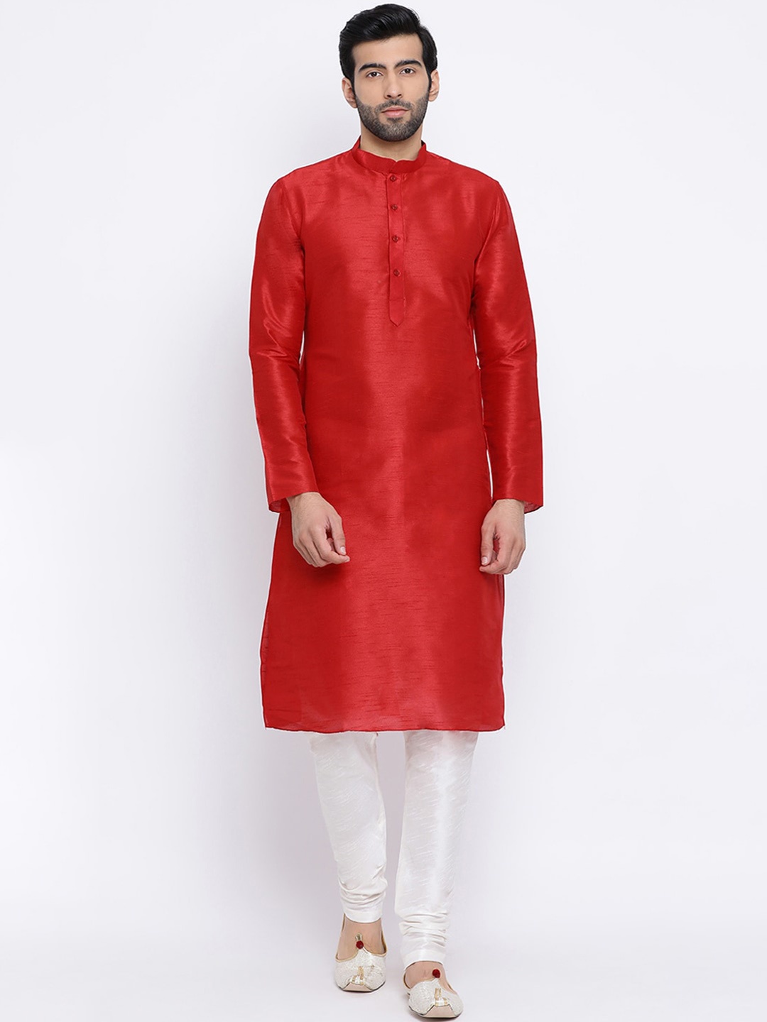 

NAMASKAR Men Red & White Solid Kurta with Pyjamas