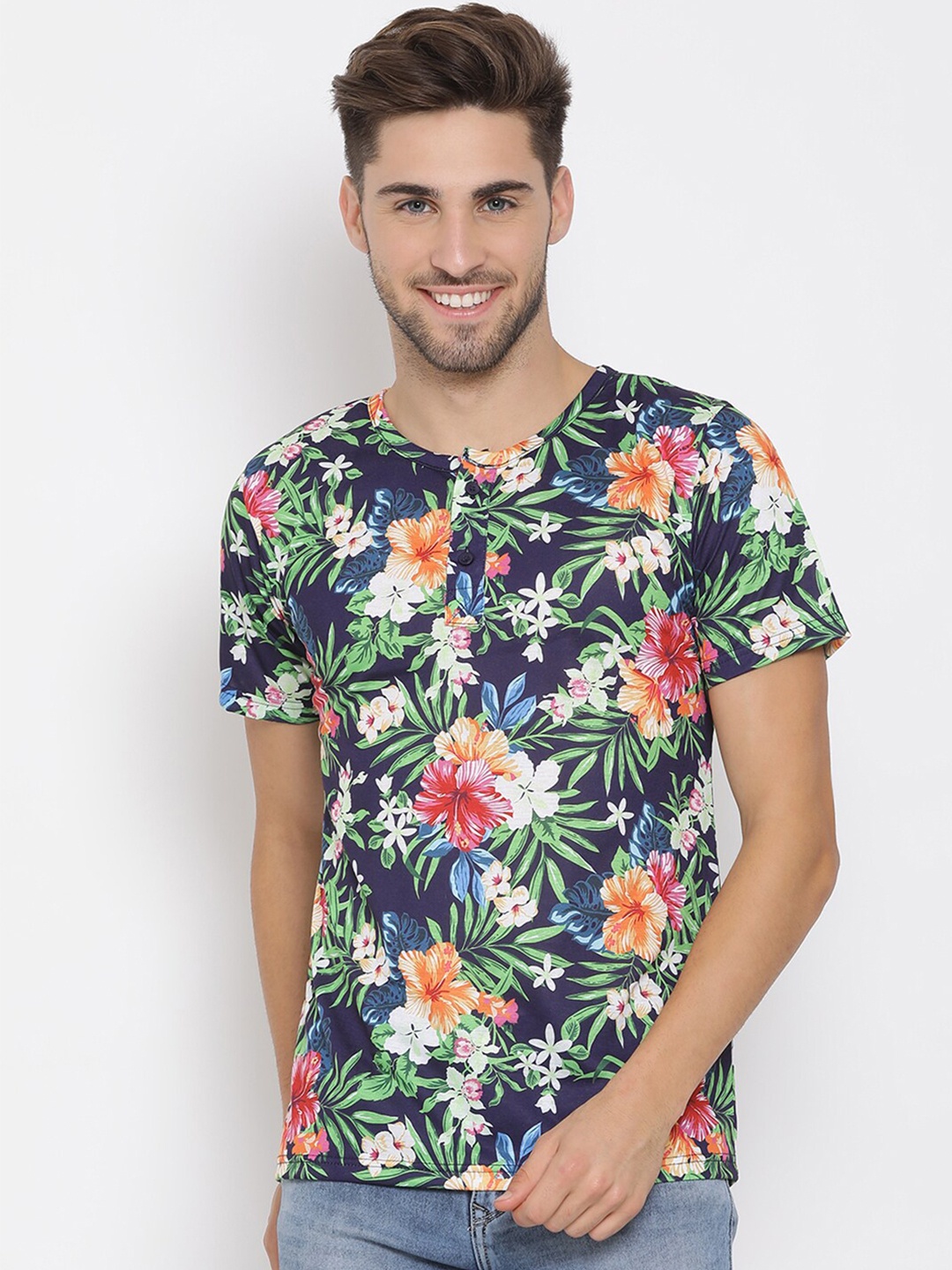 

hangup trend Men Navy Blue Green Printed Henley Neck Pure Cotton T-shirt
