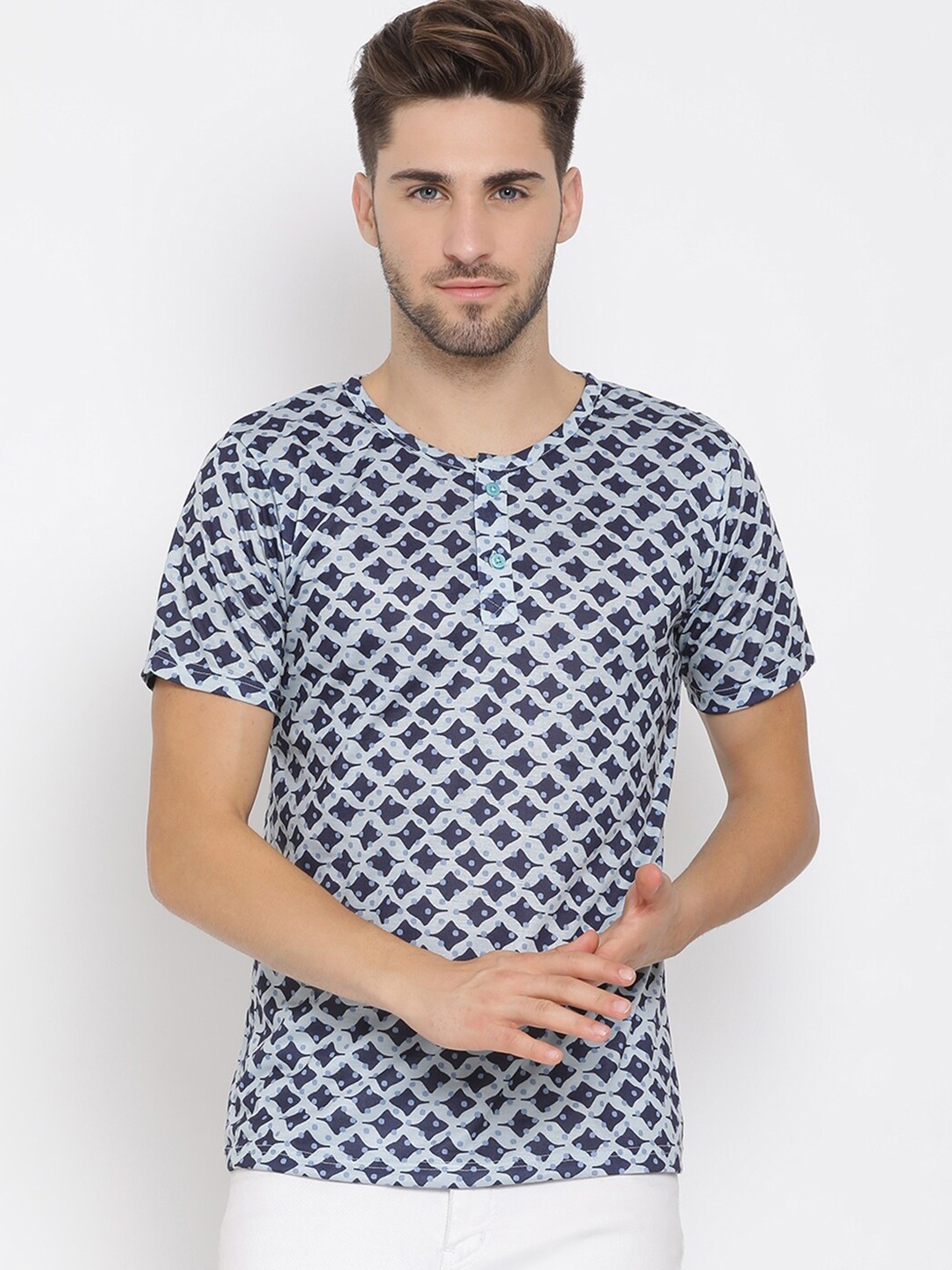 

Hangup Men Navy Blue & Grey Printed Henley Neck T-shirt