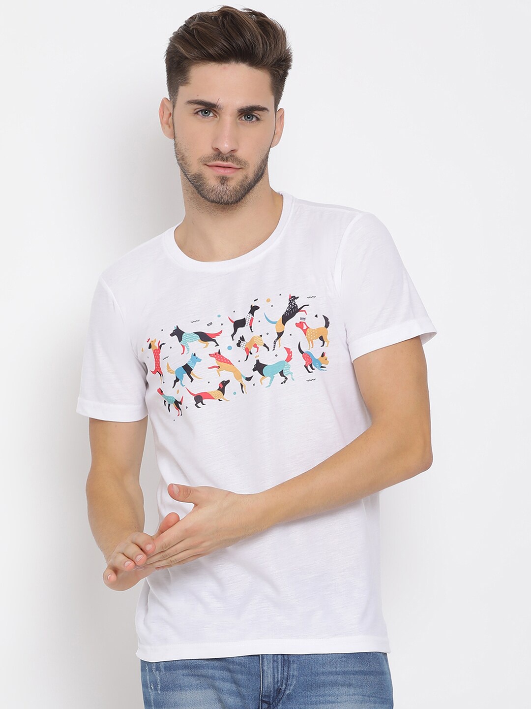 

Hangup Men White & Mustard Yellow Printed Round Neck T-shirt
