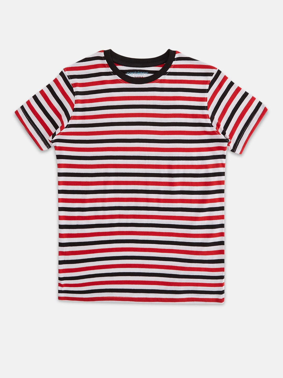 

Pantaloons Junior Boys Red Black Striped Round Neck Pure Cotton T-shirt