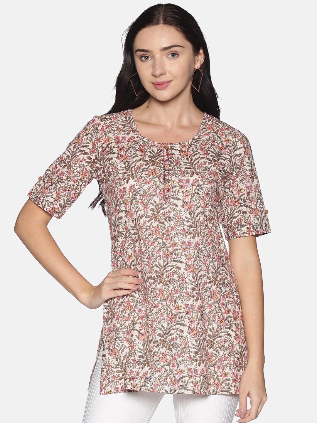 

Saffron Threads Women Cream-Coloured & Green Cotton Printed Tunic