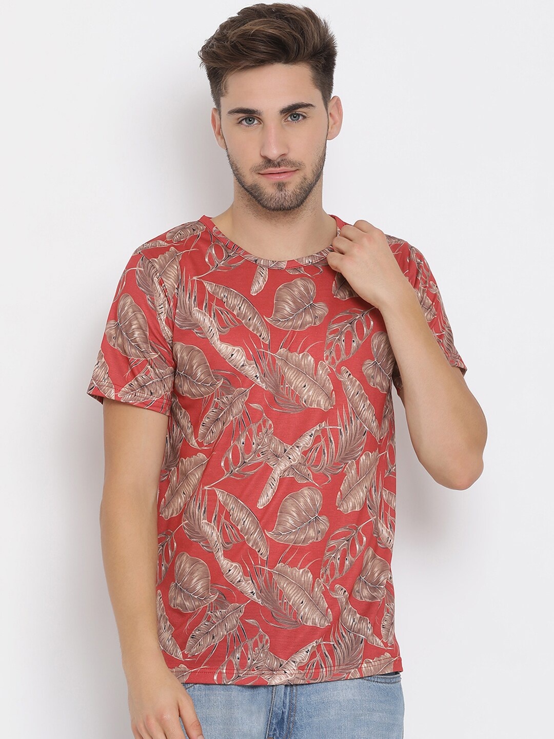 

Hangup Men Rust Orange & Brown Printed Round Neck T-shirt