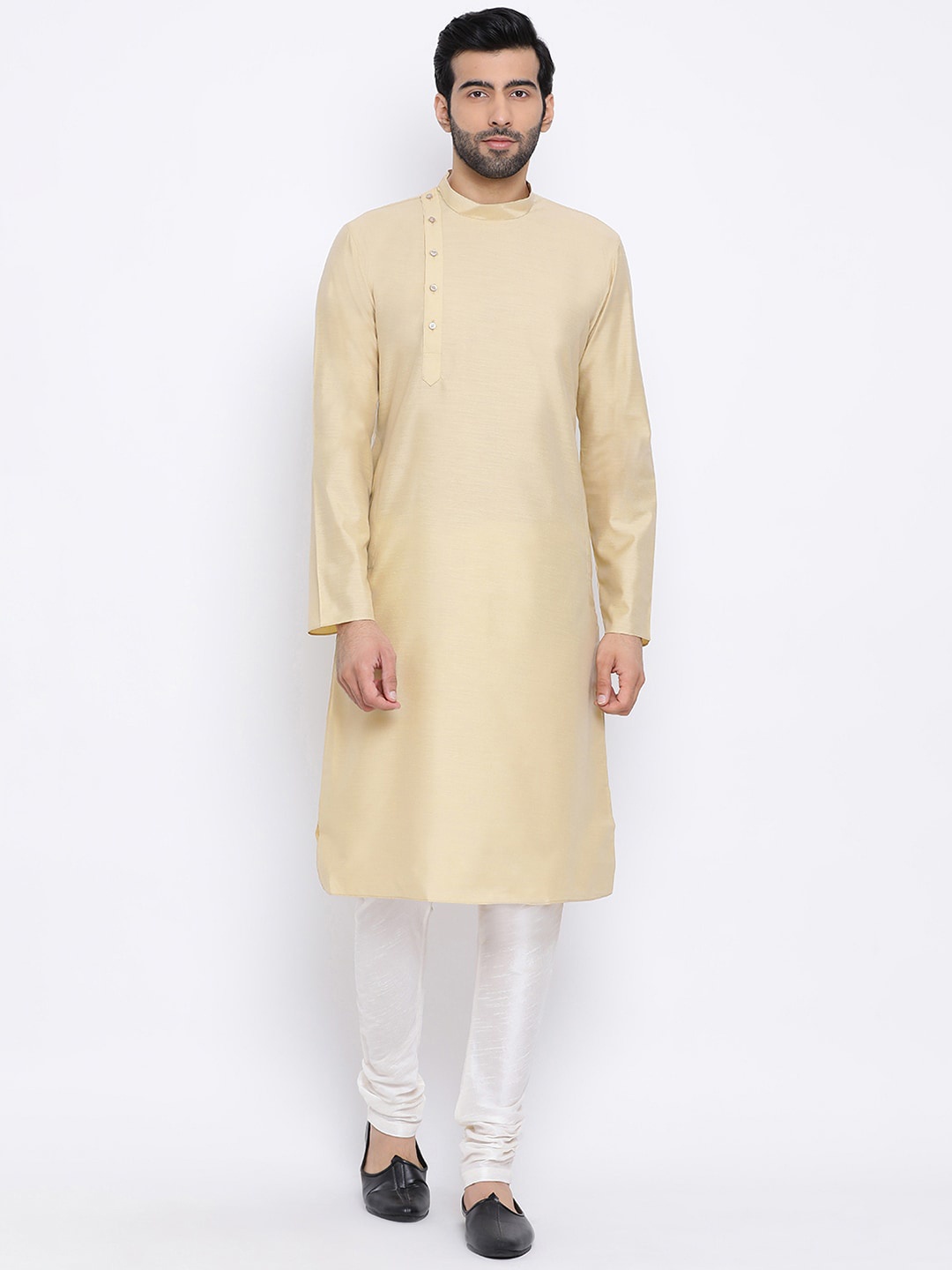 

NAMASKAR Men Cream-Coloured & White Solid Silk Kurta with Churidar