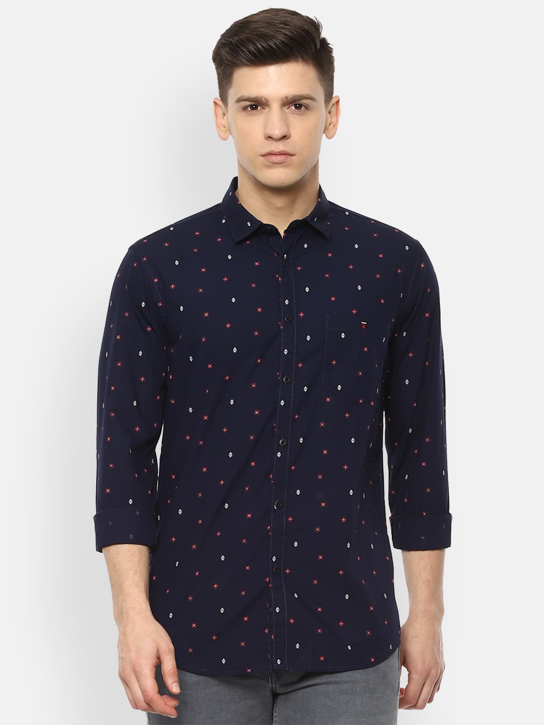 

Louis Philippe Jeans Men Navy Blue & White Slim Fit Printed Casual Shirt