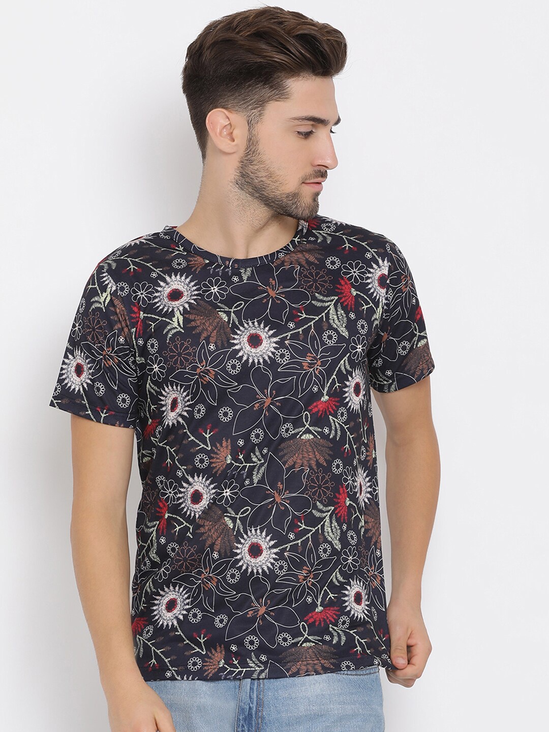 

hangup trend Men Navy Blue Printed Round Neck Pure Cotton T-shirt