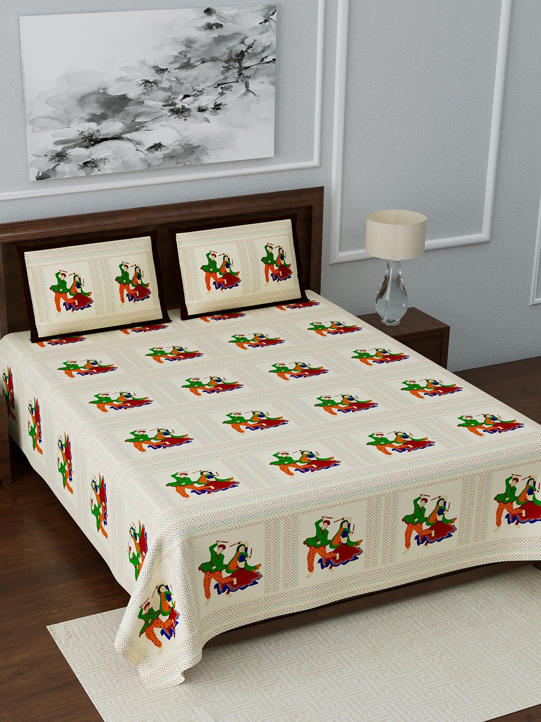 

LIVING ROOTS Beige & Green Ethnic Motifs 180 TC Cotton 1 King Bedsheet with 2 Pillow Covers