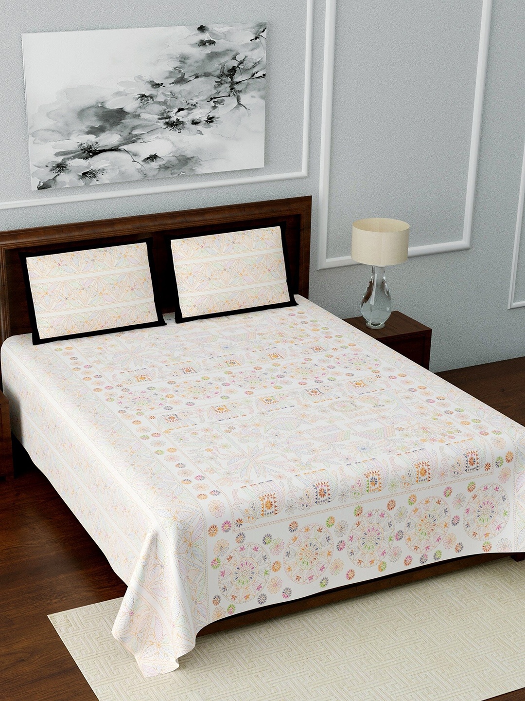 

LIVING ROOTS Cream & Pink Ethnic Motifs 180 TC Cotton 1 King Bedsheet with 2 Pillow Covers