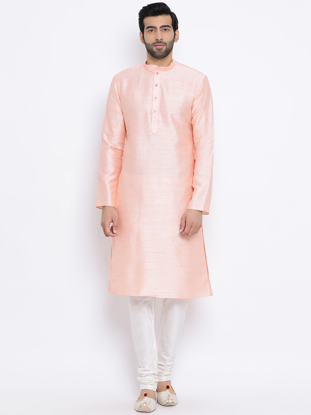 

NAMASKAR Men Pink Solid Silk Kurta with Churidar
