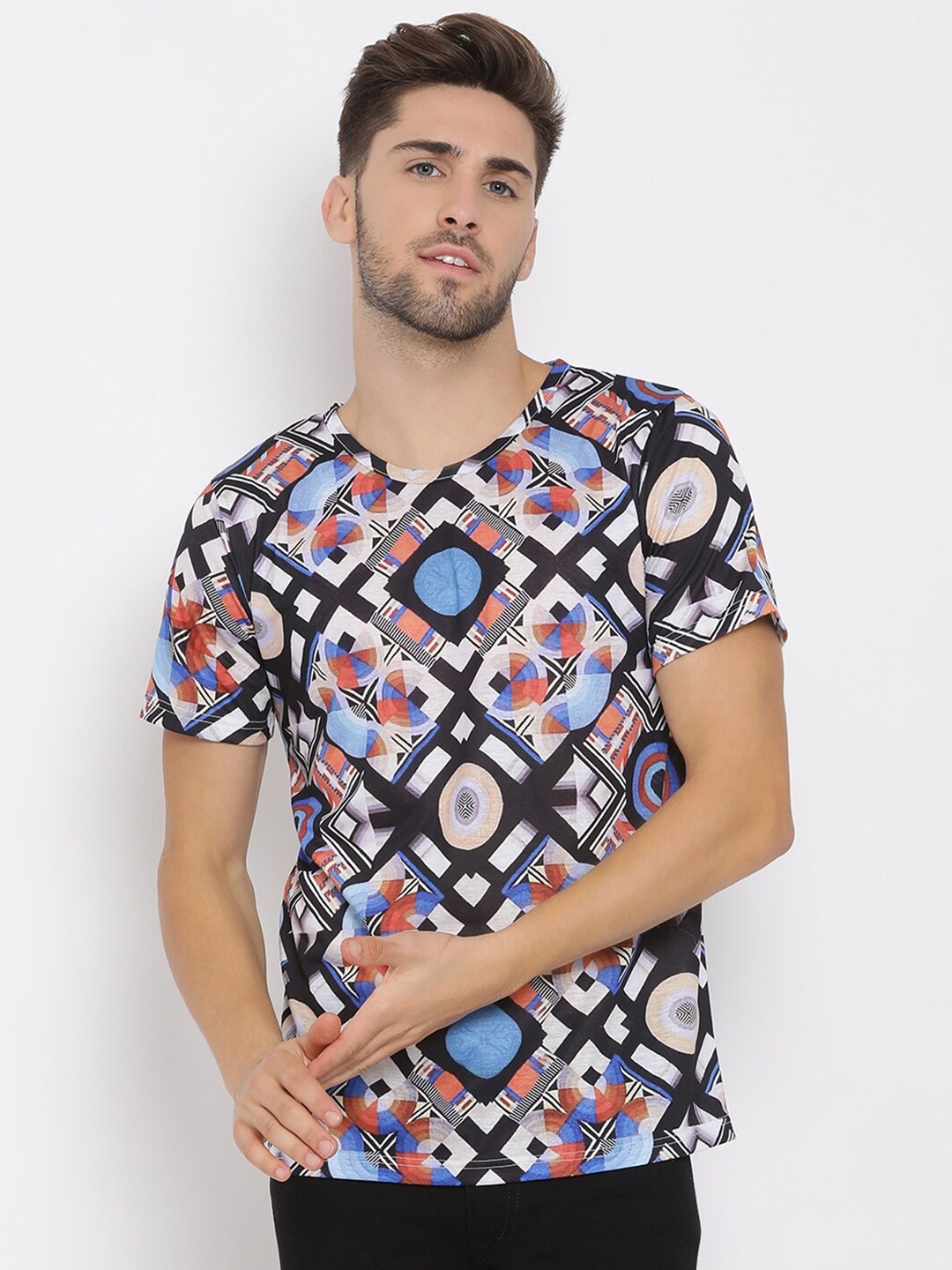 Hangup Men Black & Blue Printed Round Neck T-shirt