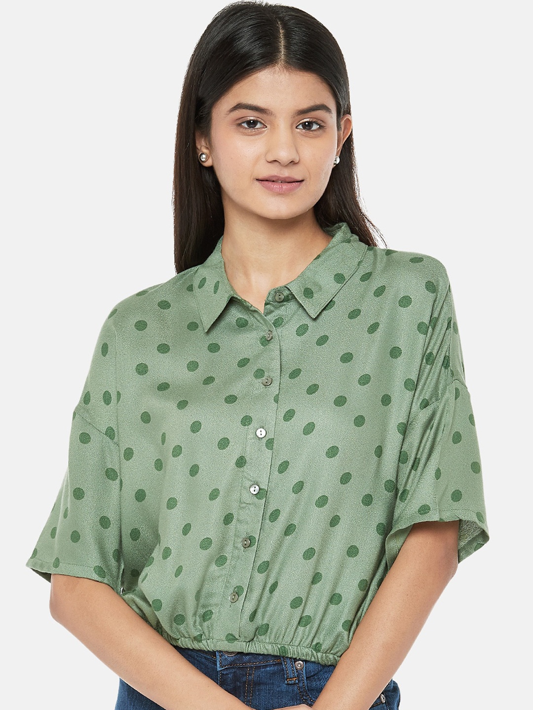 

People Women Green Regular Fit Polka Dots Printed Casual Shirt