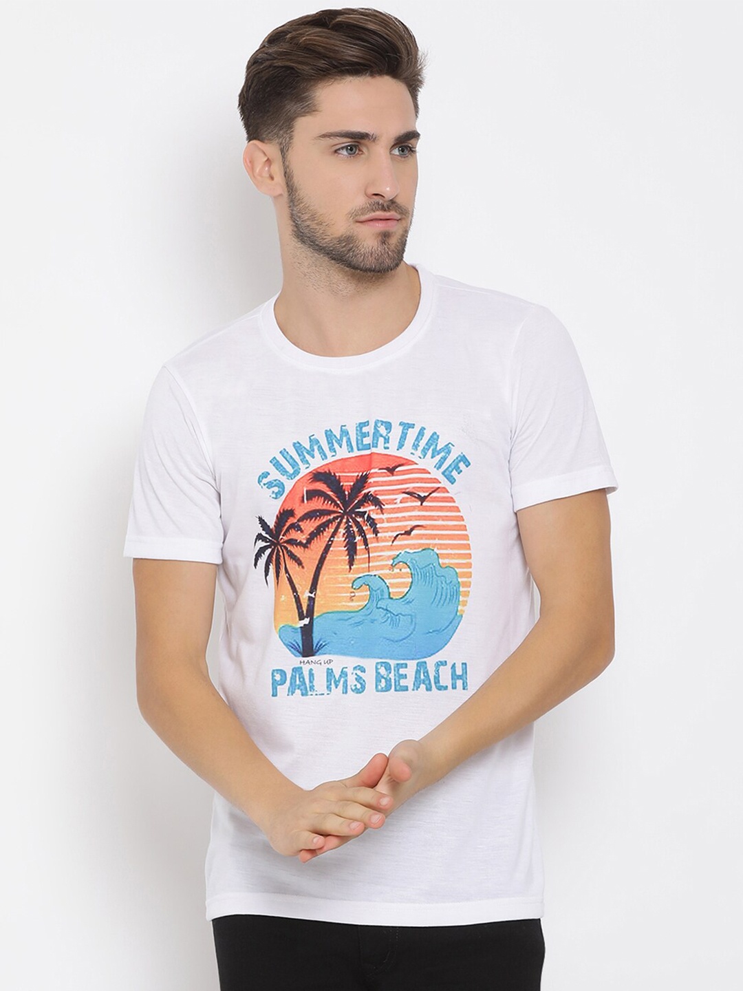 hangup trend Men White Orange Printed Round Neck Pure Cotton T-shirt