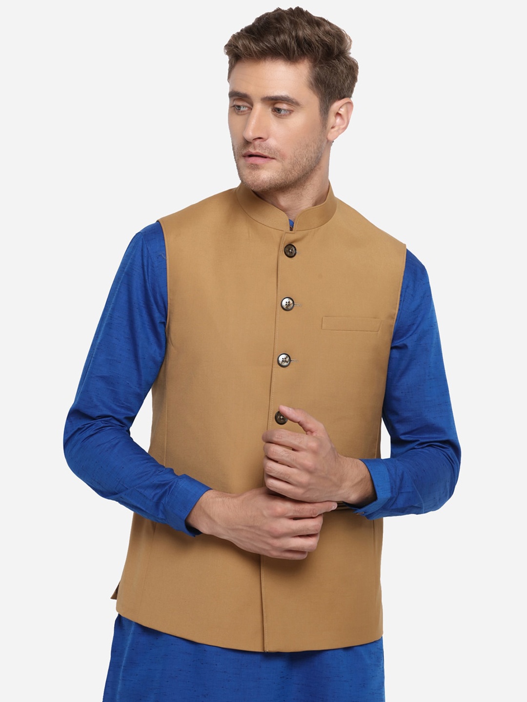 

MODI JACKET Men Khaki Solid Woven Nehru Jacket