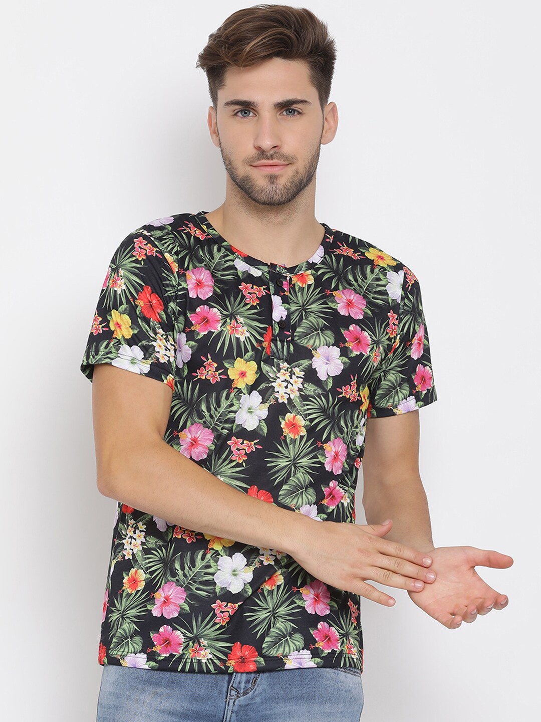 

Hangup Men Multicoloured Floral Print Round Neck T-shirt, Multi
