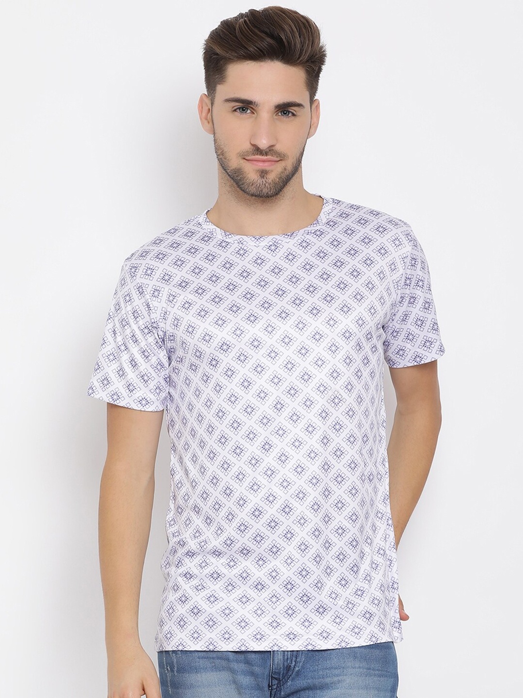 

hangup trend Men White Purple Printed Round Neck Pure Cotton T-shirt