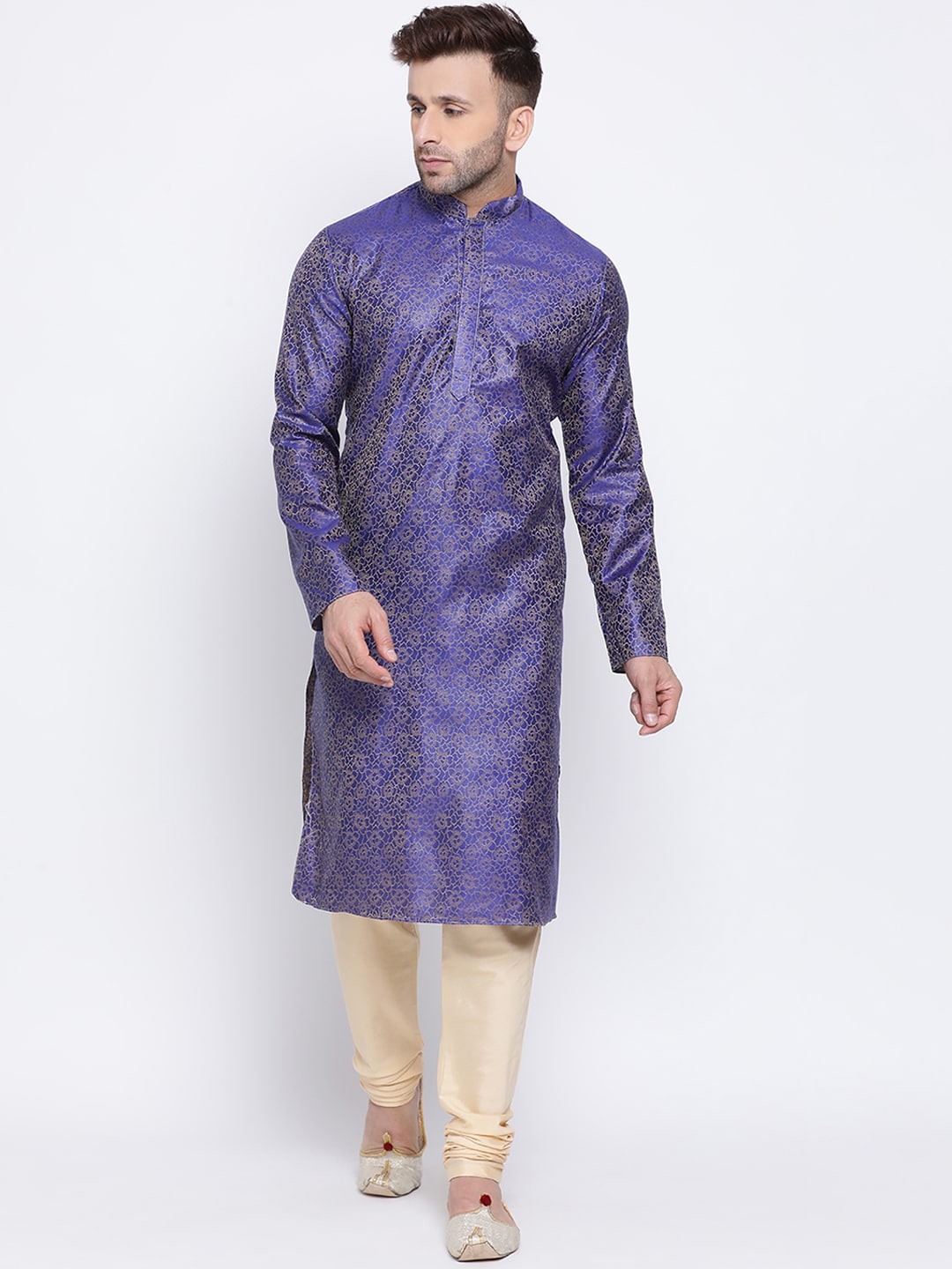 

NAMASKAR Men Blue & Beige Self Design Pure Silk Kurta with Churidar
