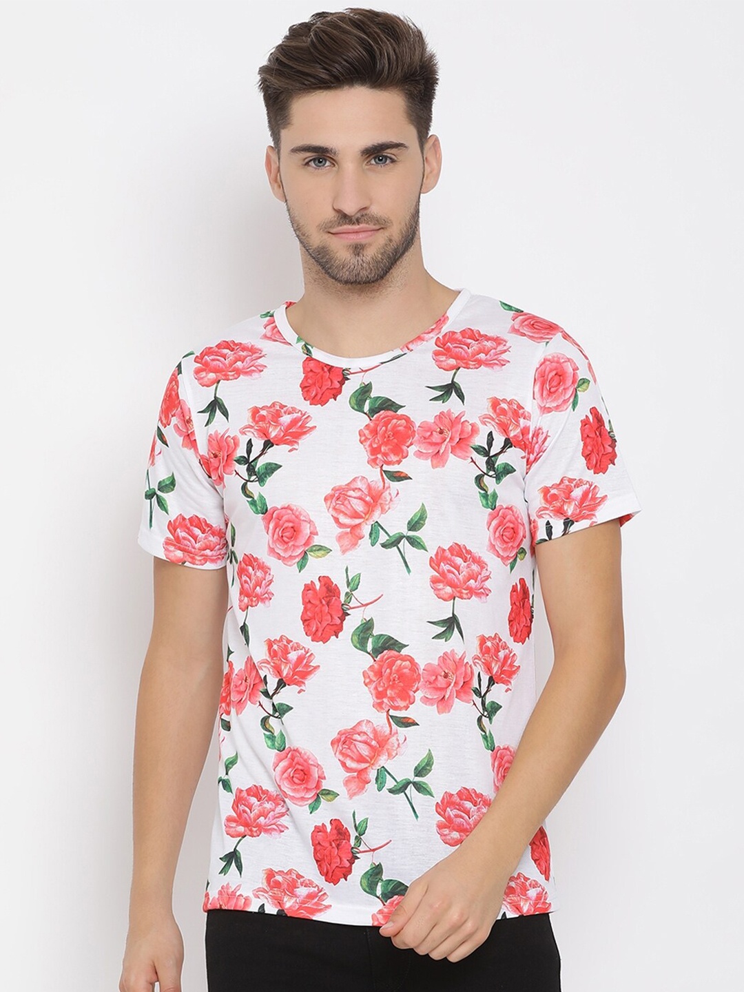 

Hangup Men White & Pink Floral Print Round Neck T-shirt