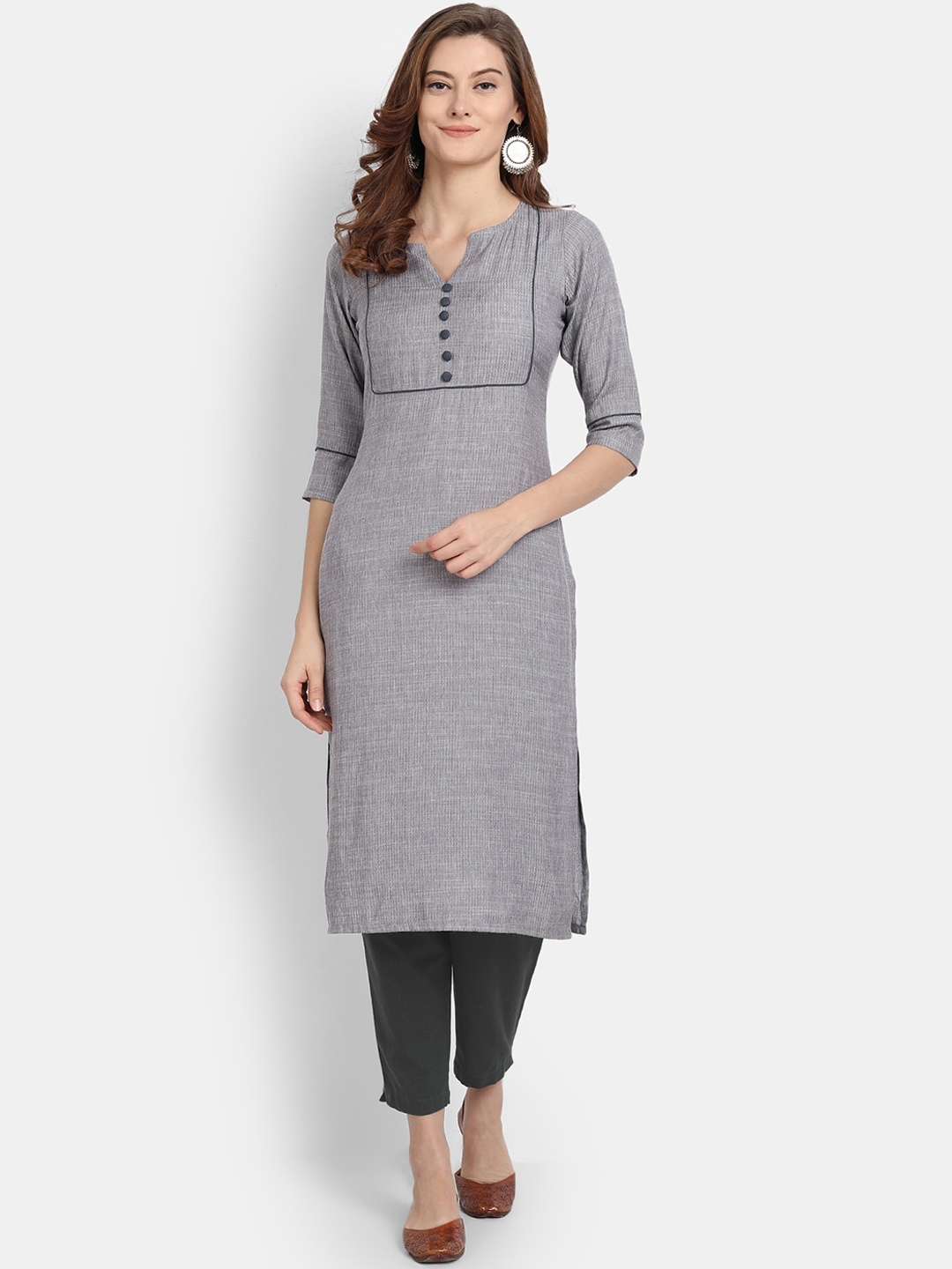 

HK colours of fashion Women Grey Melange Woven Design Jacquard Straight Kurta