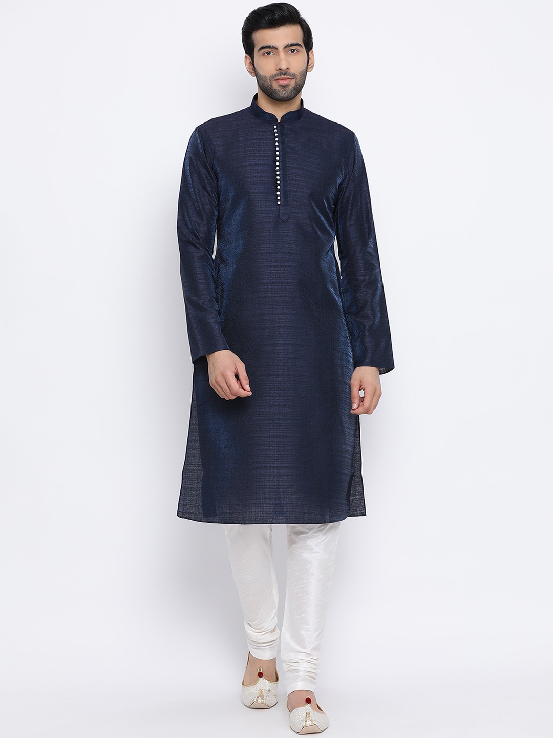 

NAMASKAR Men Navy Blue & White Solid Kurta with Churidar