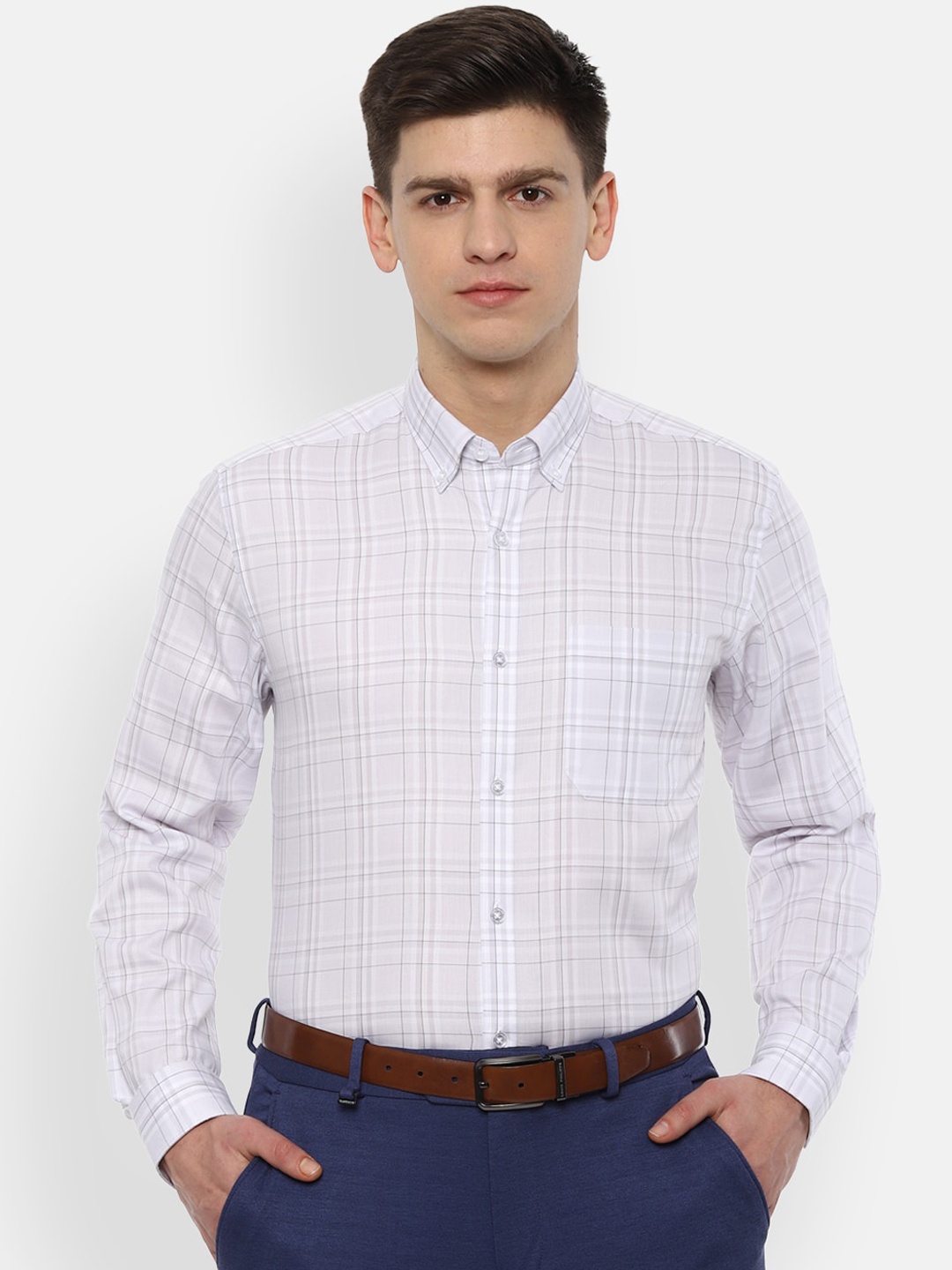 Louis Philippe Men White & Grey Slim Fit Checked Formal Shirt
