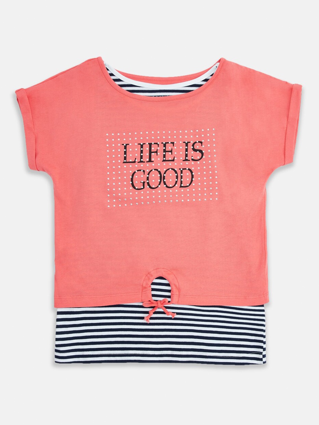 

Pantaloons Junior Girls Coral Orange & Black Printed Round Neck T-shirt