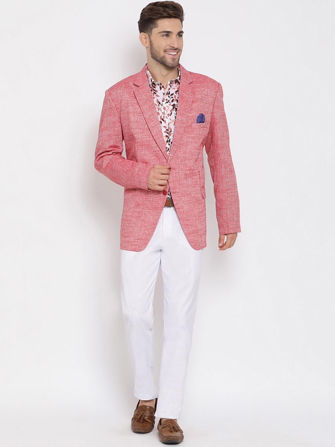hangup trend Men Red & White Linen Solid Single-Breasted Three-Piece Suit