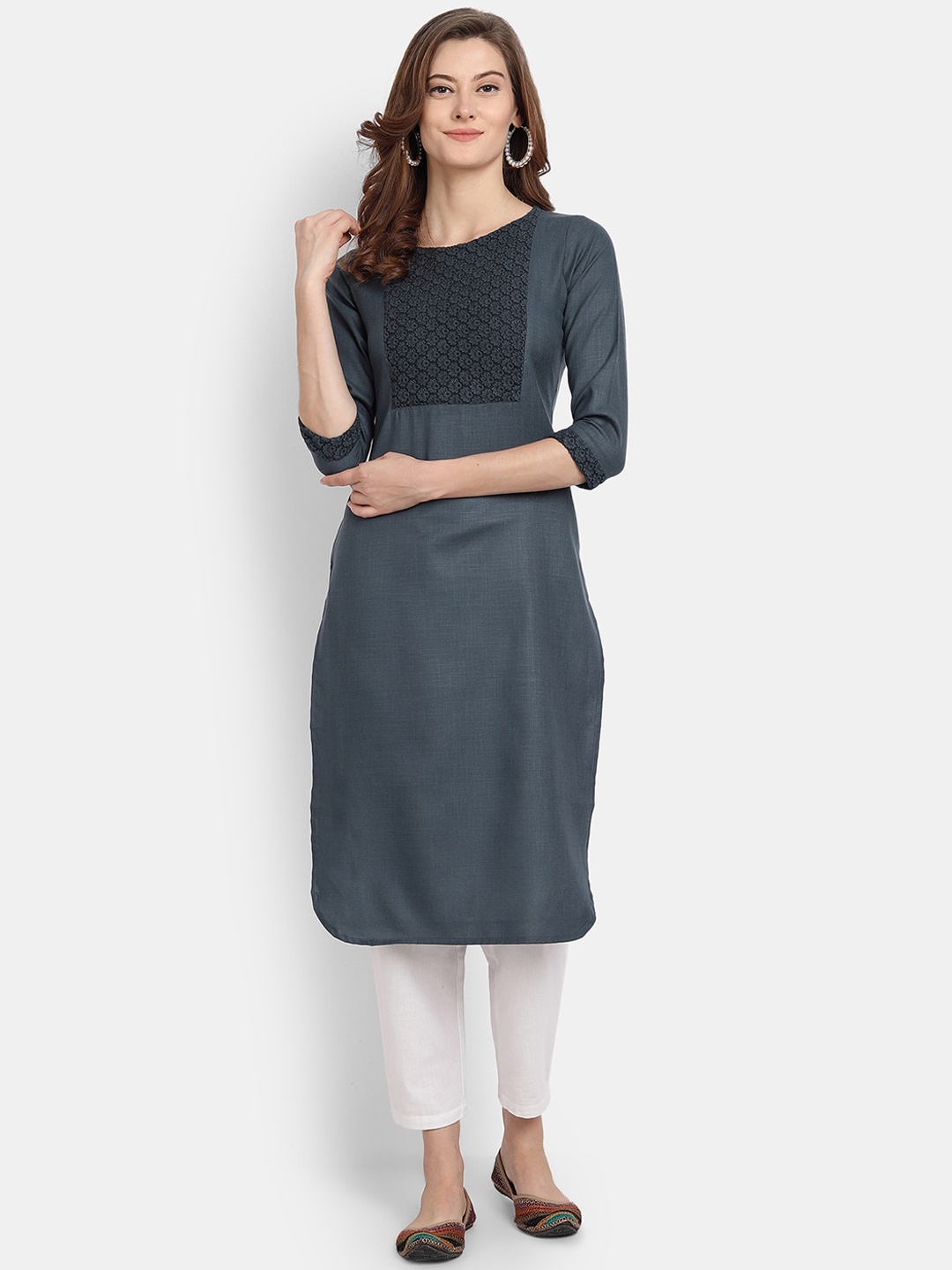 

HK colours of fashion Women Grey Solid Yoke Design Straight Kurta