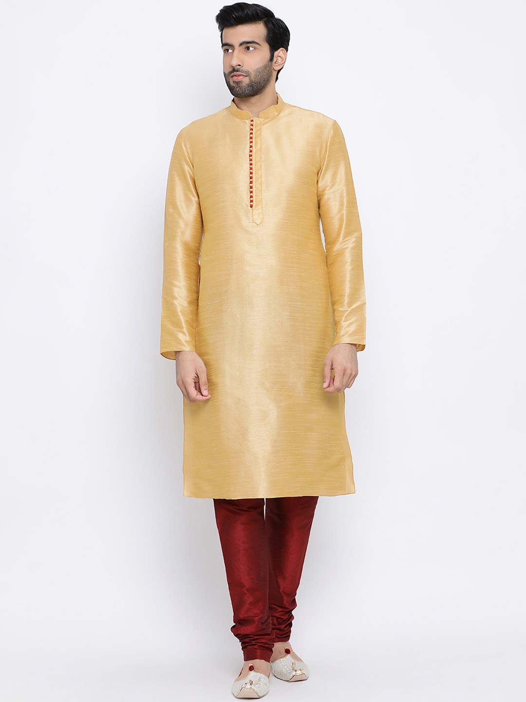 NAMASKAR Men Gold-Toned Solid Kurta with Churidar