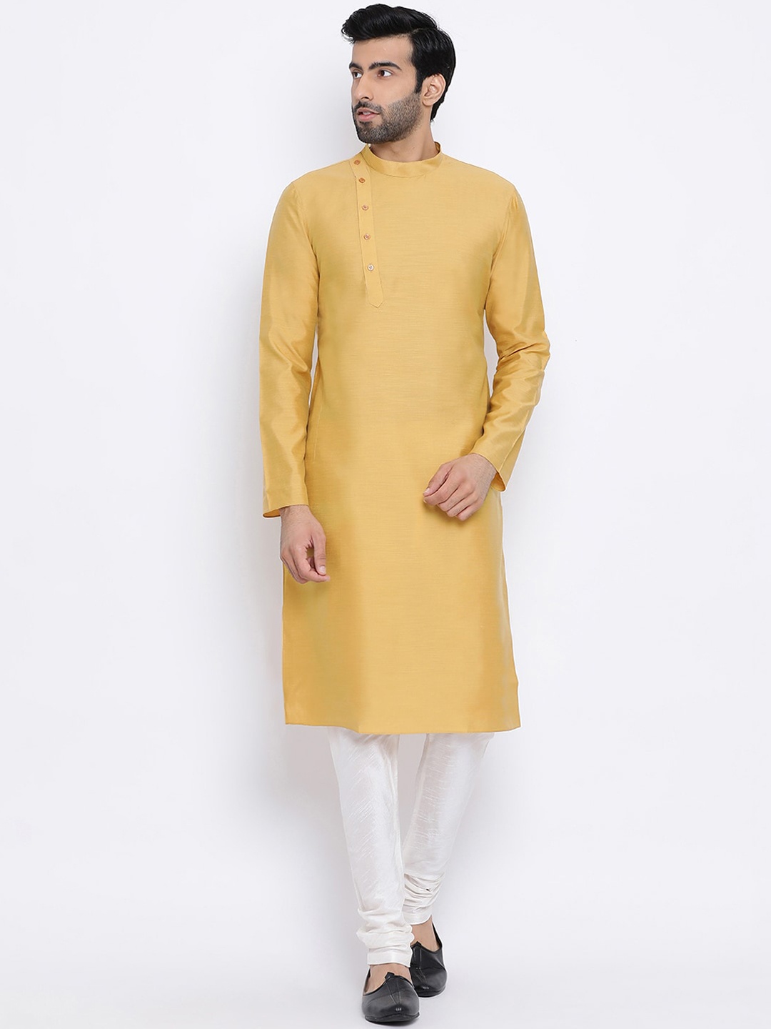 

NAMASKAR Men Yellow Silk Solid Kurta