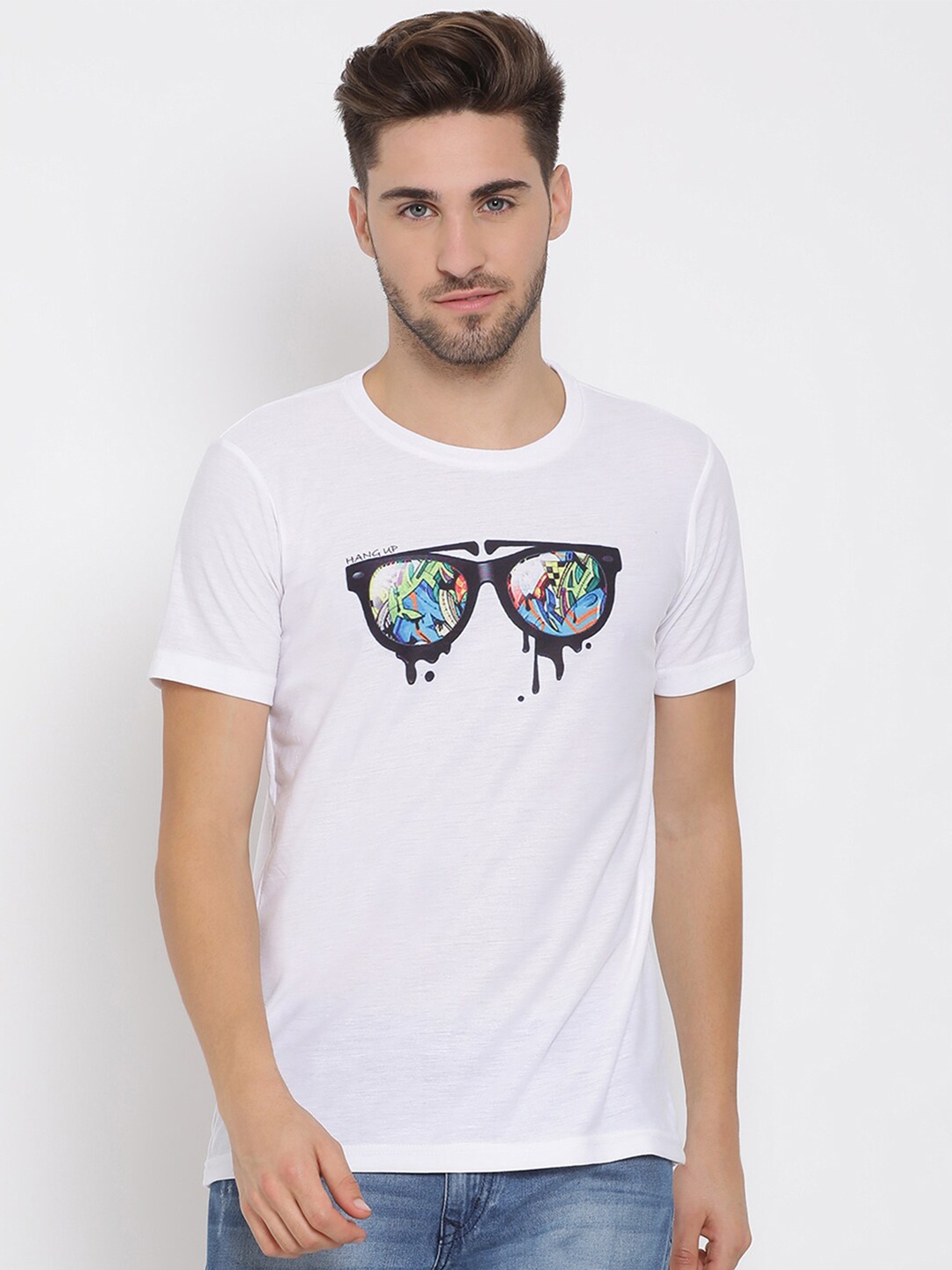 Hangup Men White & Black Printed Round Neck T-shirt