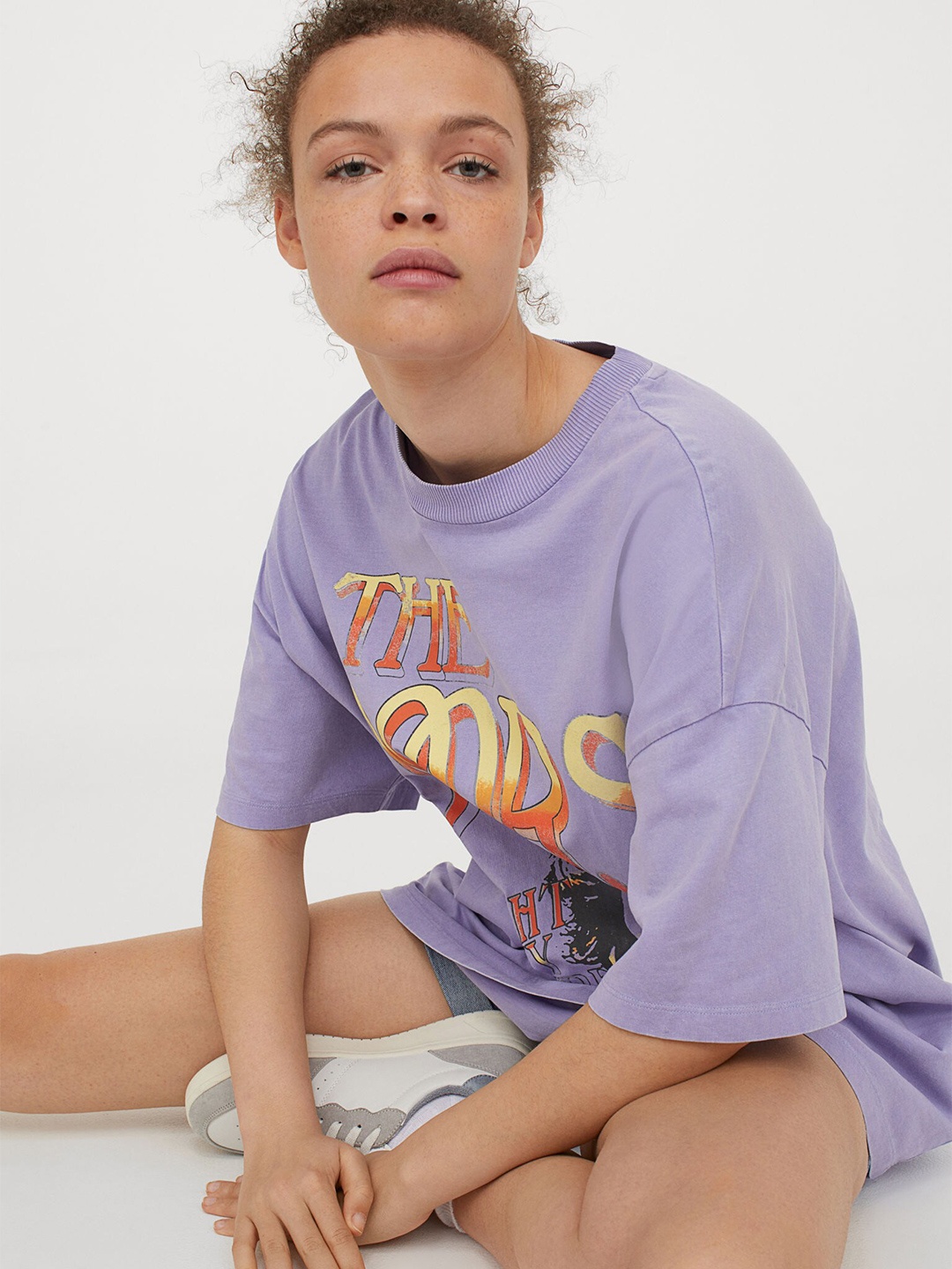 

HM Women Purple Oversized Printed Pure Cotton T-shirt