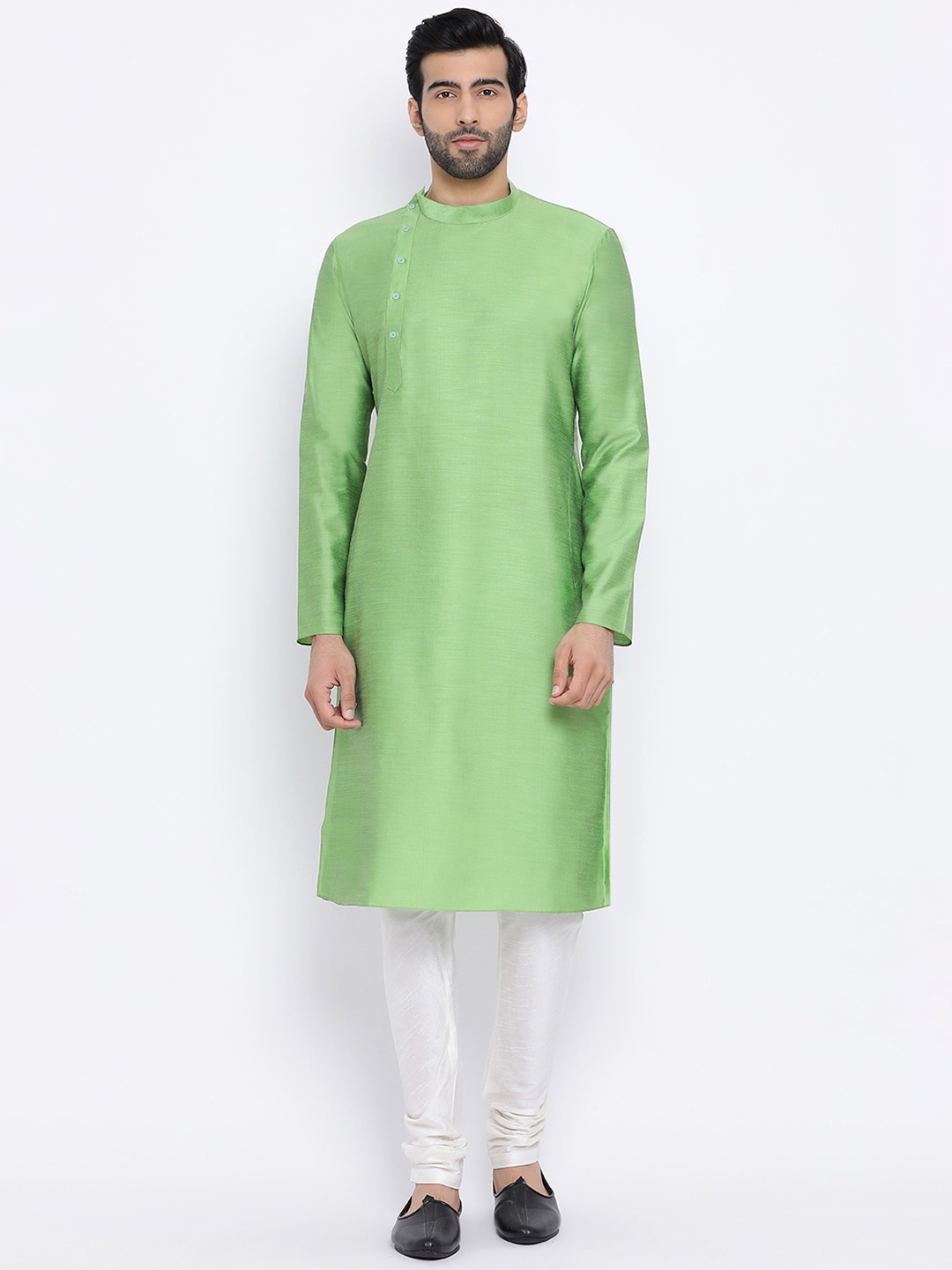 

NAMASKAR Men Green & White Silk Solid Kurta with Churidar