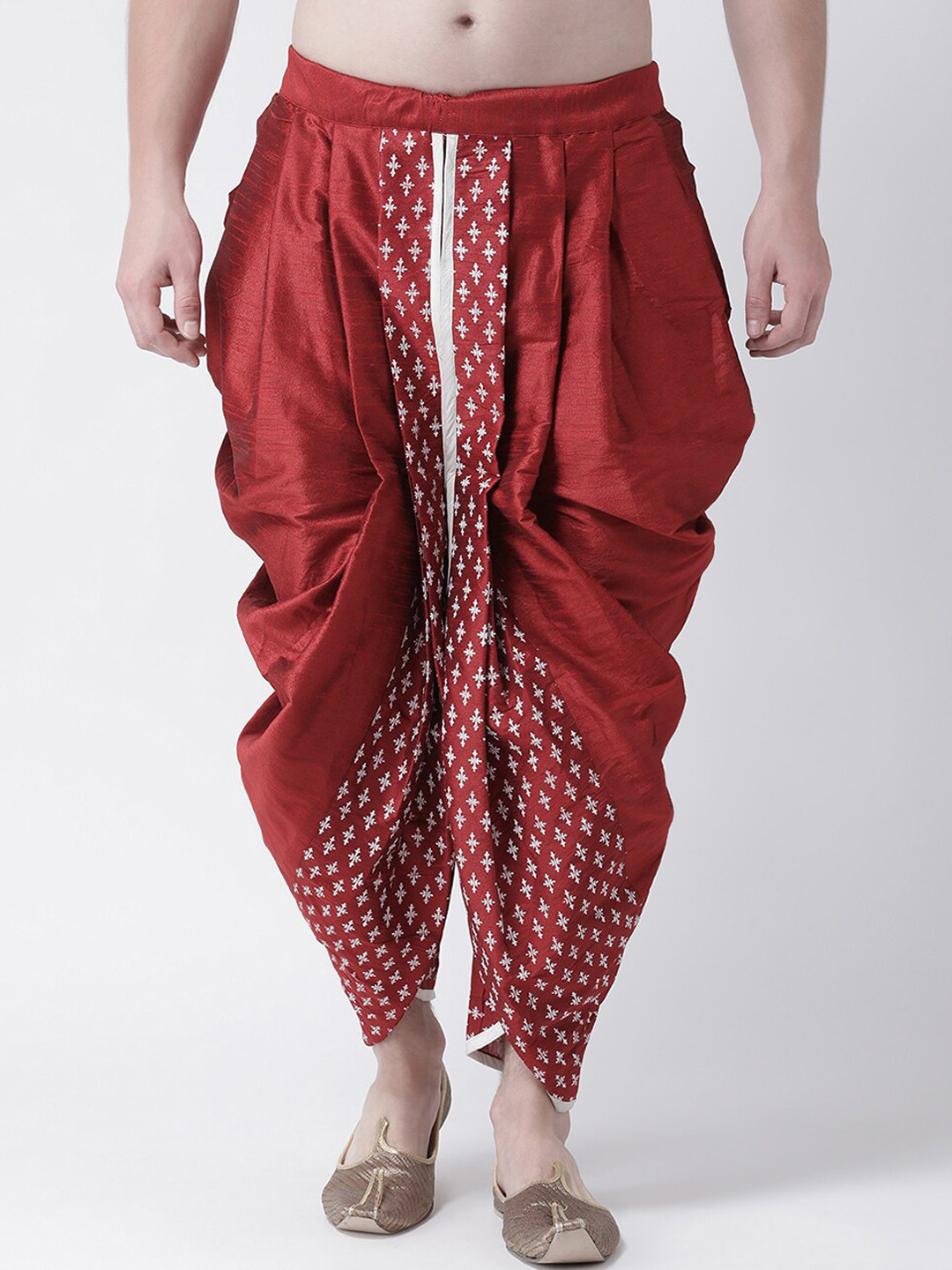 

DEYANN Men Red & White Printed Dupion Silk Dhoti