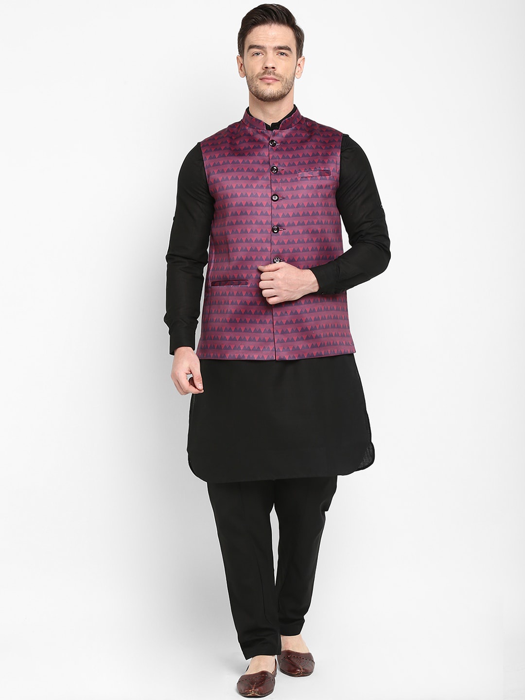 

hangup trend Men Black & Violet Solid Kurta with Pyjamas & Nehru Jacket