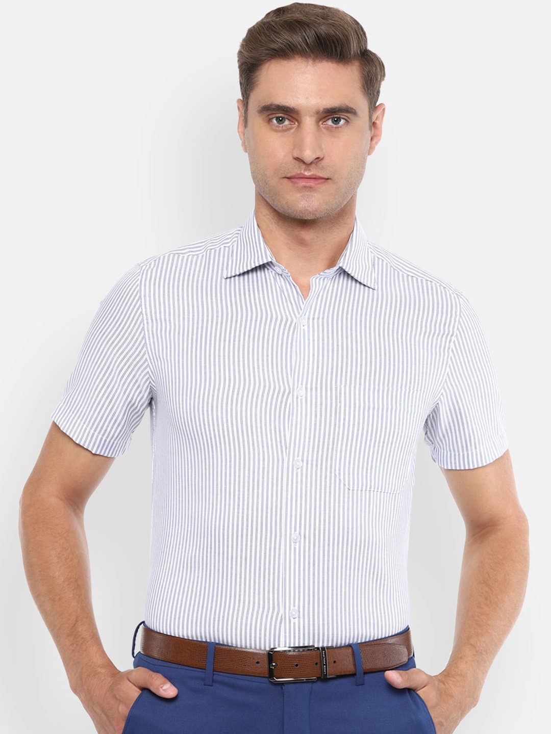 

Louis Philippe Men White & Blue Regular Fit Striped Cotton Formal Shirt