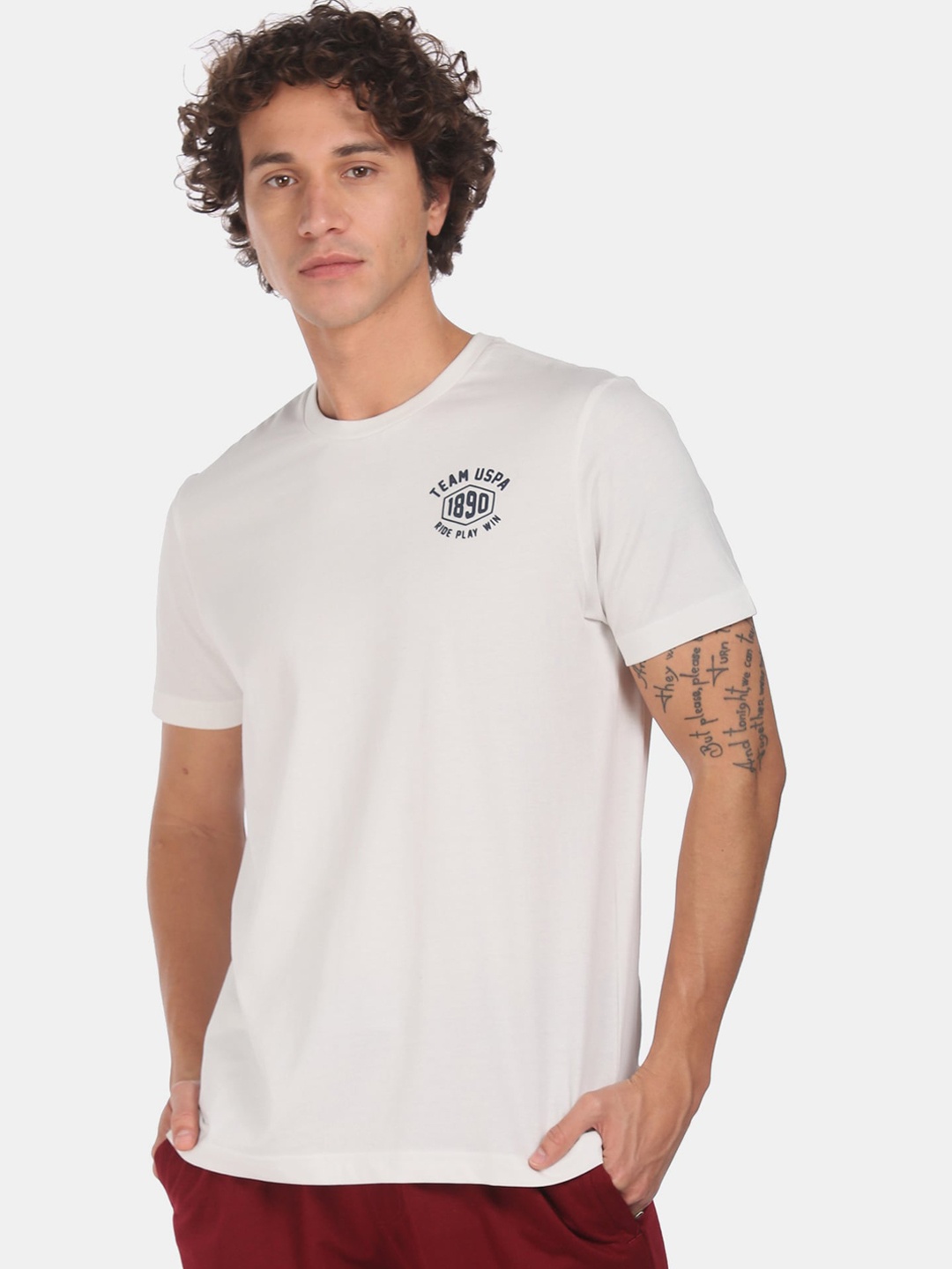U.S. Polo Assn. Men Off-White Pure Cotton Solid Lounge T-Shirt