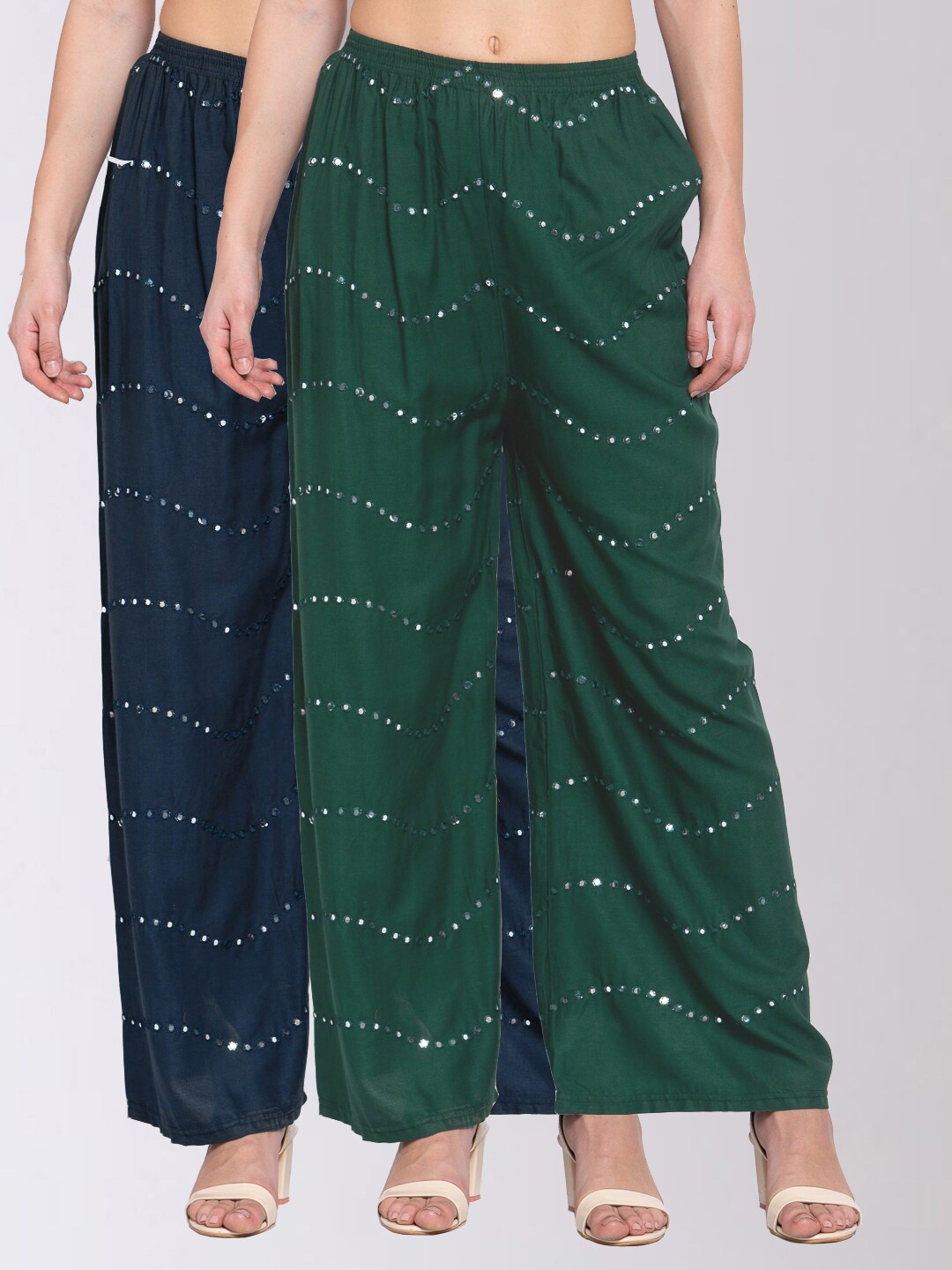 

KLOTTHE Women Pack of 2 Multicoloured Embroidered Wide Leg Palazzos, Navy blue