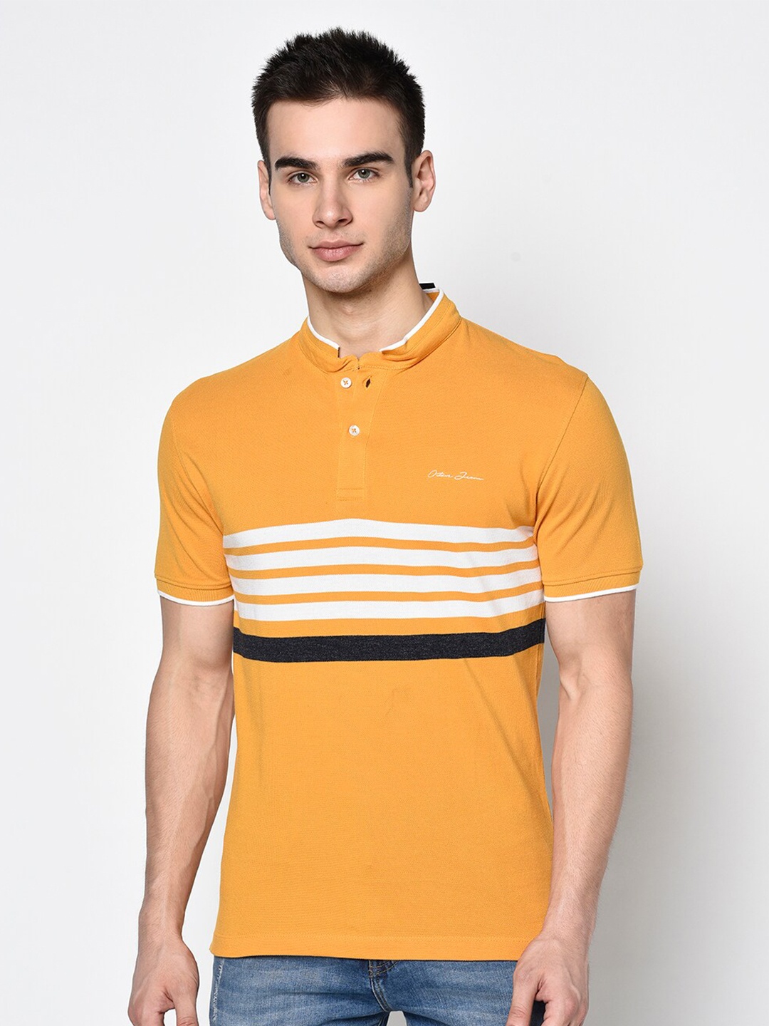 

Octave Men Mustard Yellow & White Striped Henley Neck T-shirt