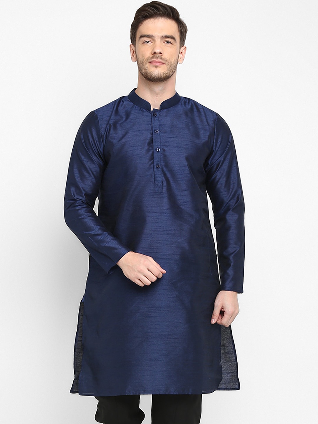 hangup trend Men Navy Blue Solid Straight Kurta