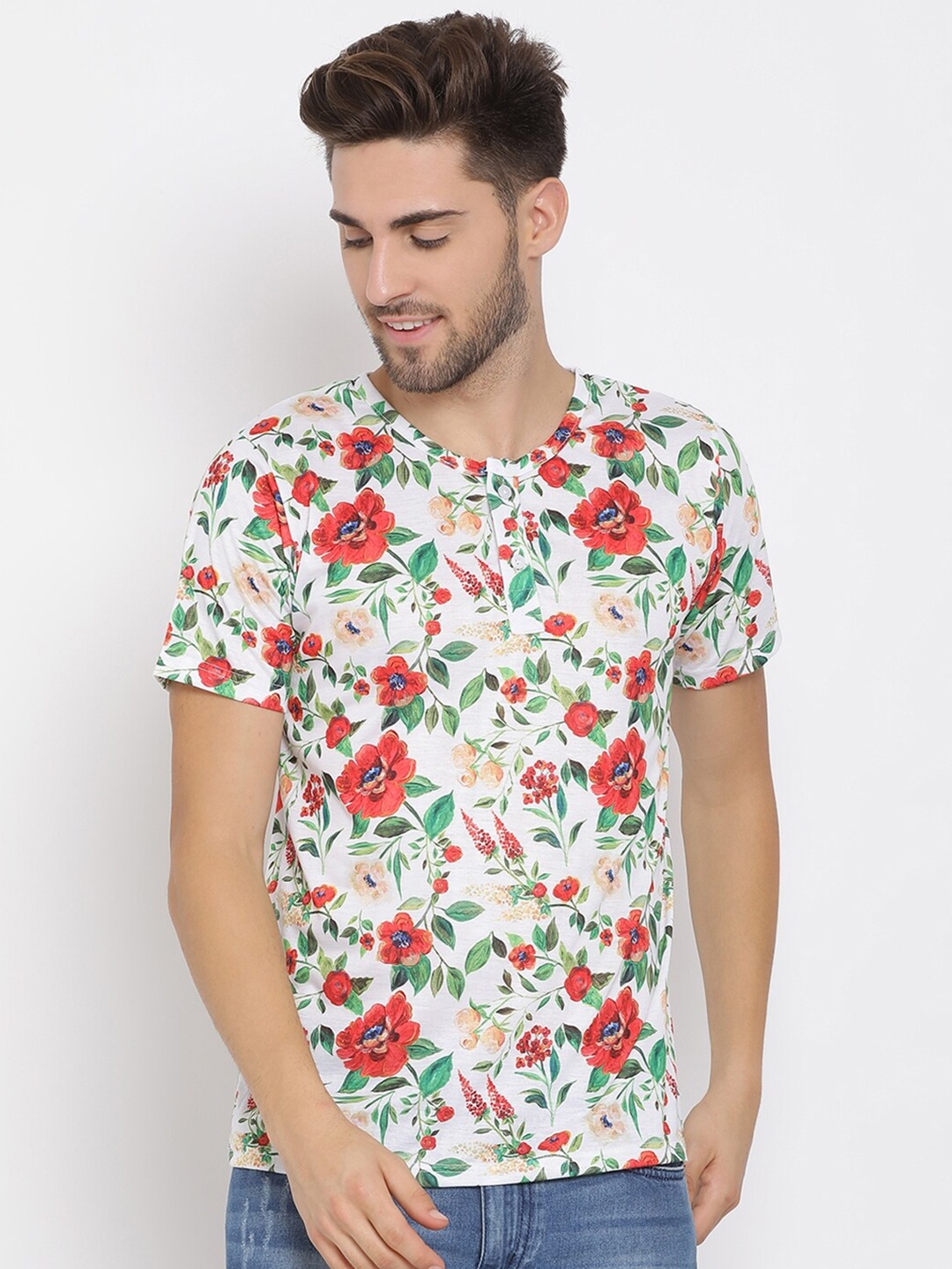 

hangup trend Men White Red Printed Round Neck Pure Cotton T-shirt