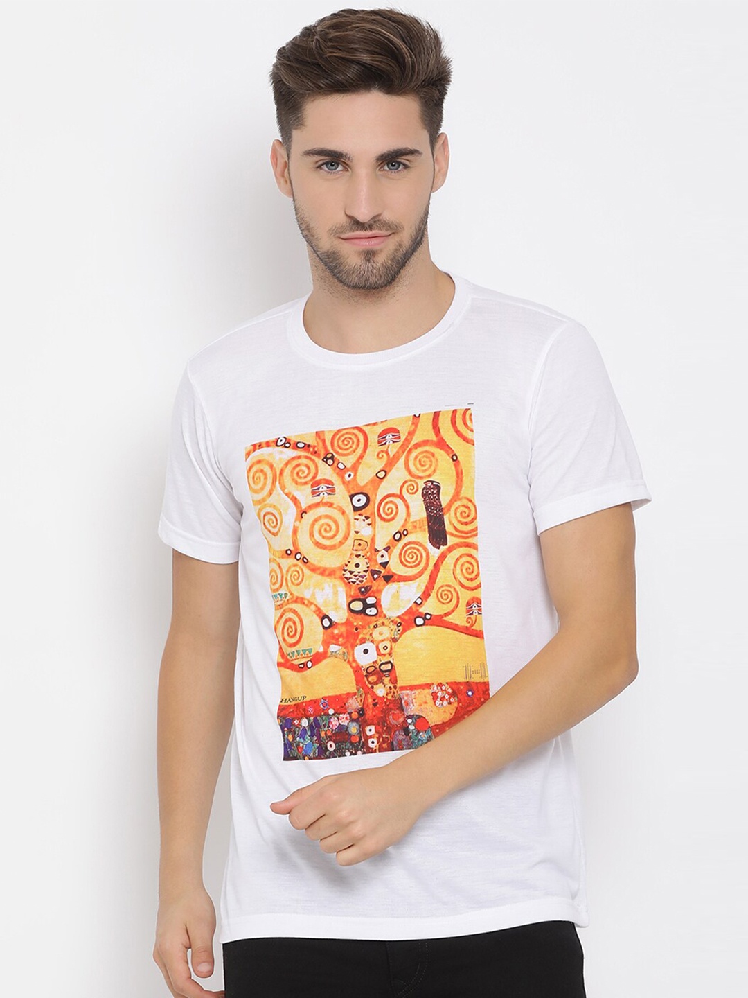 

Hangup Men White & Mustard Yellow Printed Round Neck T-shirt