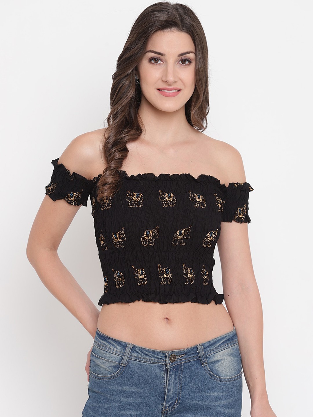 

Aawari Black Animal Printed Off-Shoulder Bardot Crop Top