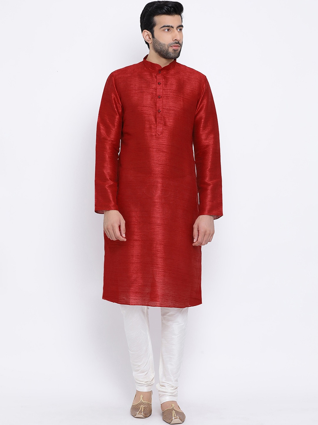 NAMASKAR Men Maroon Woven Design Mandarin Collar Silk Kurta