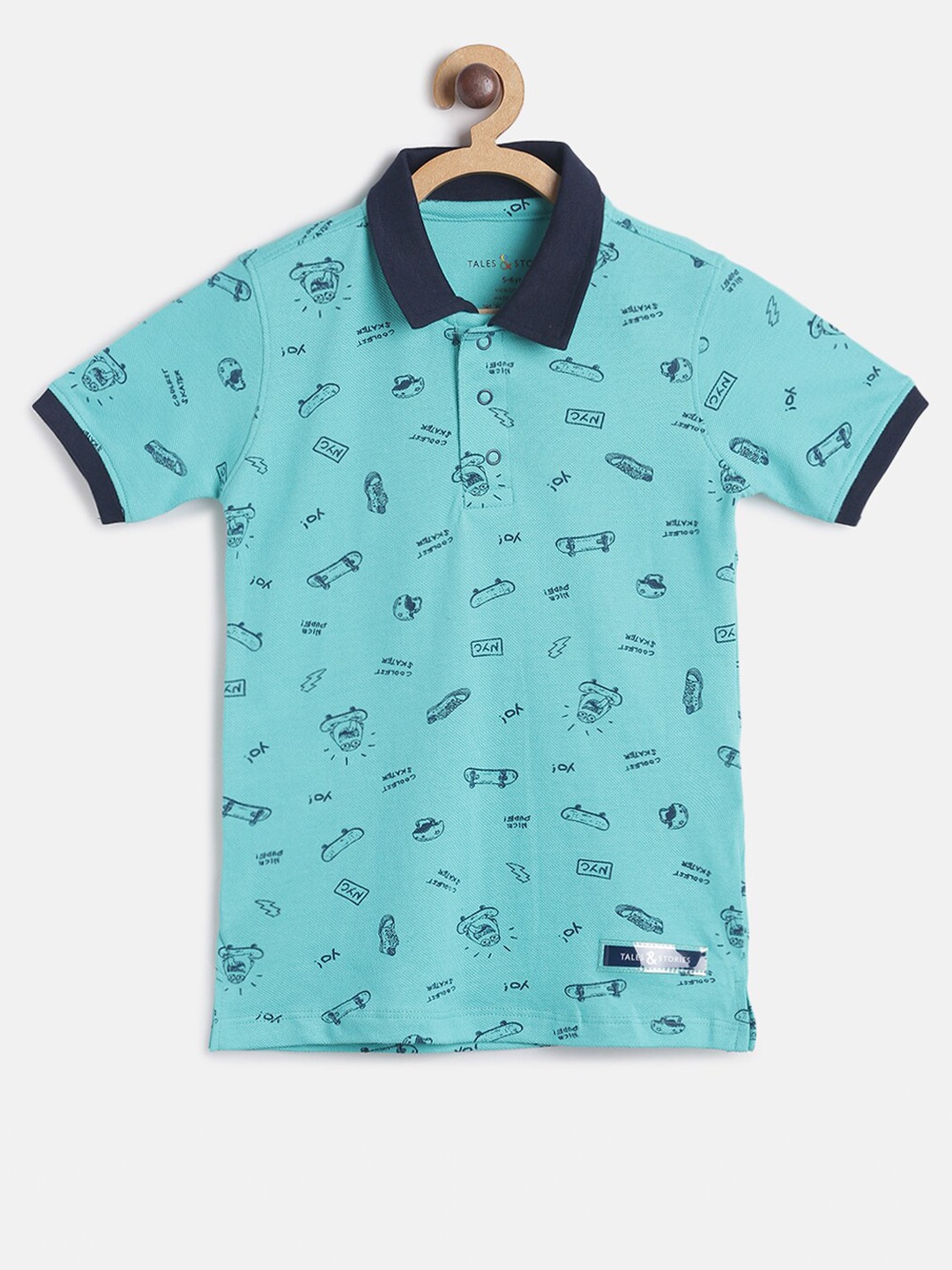 

TALES & STORIES Boys Blue Cotton Printed Polo Collar T-shirt