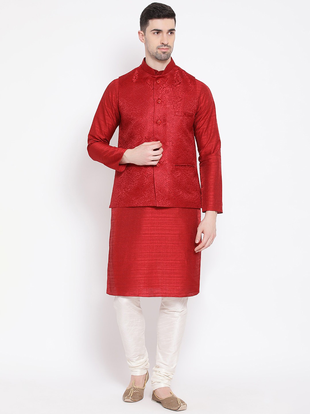 

NAMASKAR Men Red & Off-White Solid Kurta with Churidar & Nehru Jacket